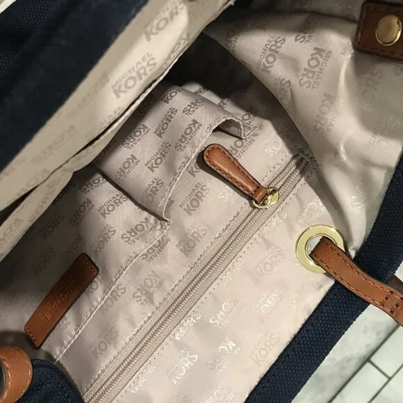 Michael Kors Tote Bag Womens Large Blue Canvas Leather Shoulder Purse MK Charm - Picture 9 of 14